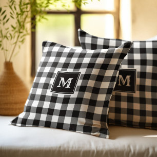 Monogram Black and White Buffalo Plaid Cushion