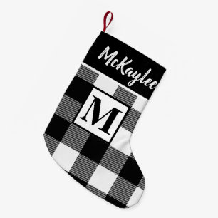 Monogram Black and White Buffalo Plaid Personalise Small Christmas Stocking
