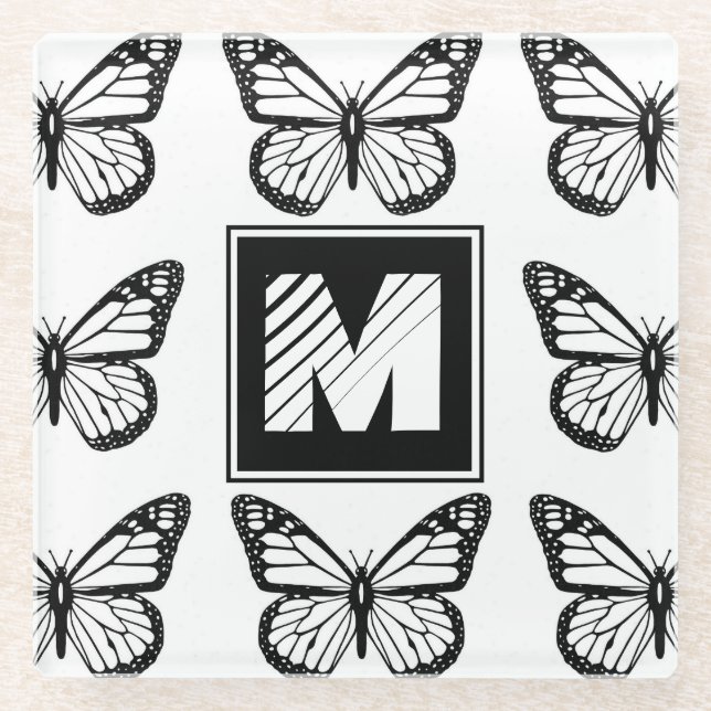 Monogram Black and White Butterfly Pattern Glass Coaster (Front)