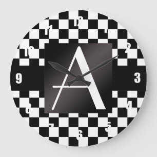 Monogram black and white checkers large clock