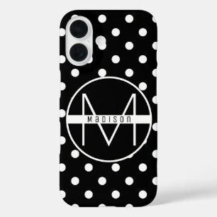 Monogram   Black and White Chic Polka Dot Pattern iPhone 16 Case