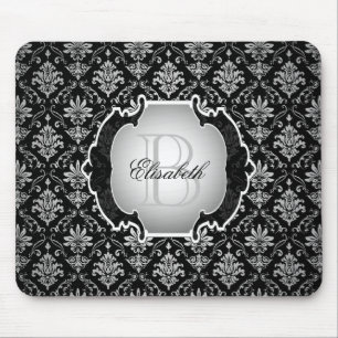 Monogram Black and White Damask Mouse Pad