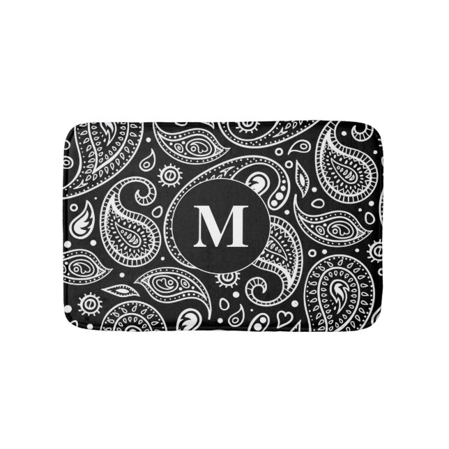 Monogram Black and White Floral Paisley Pattern Bath Mat (Front)