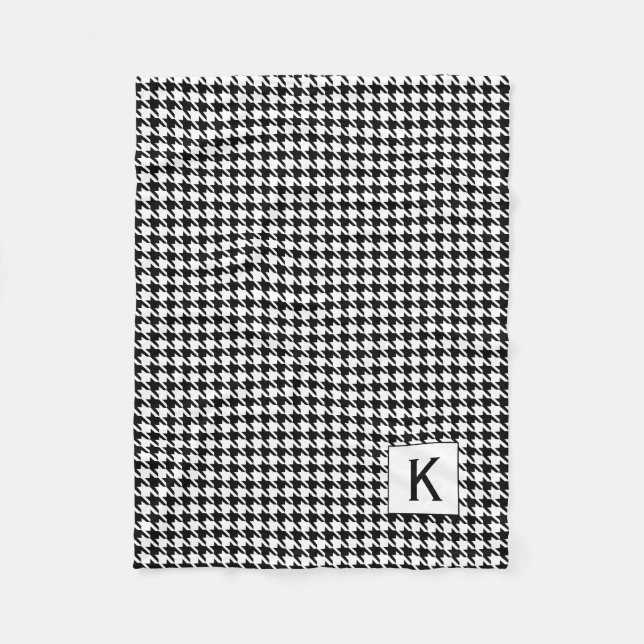 Monogram Black and White Houndstooth Pattetrn Fleece Blanket (Front)