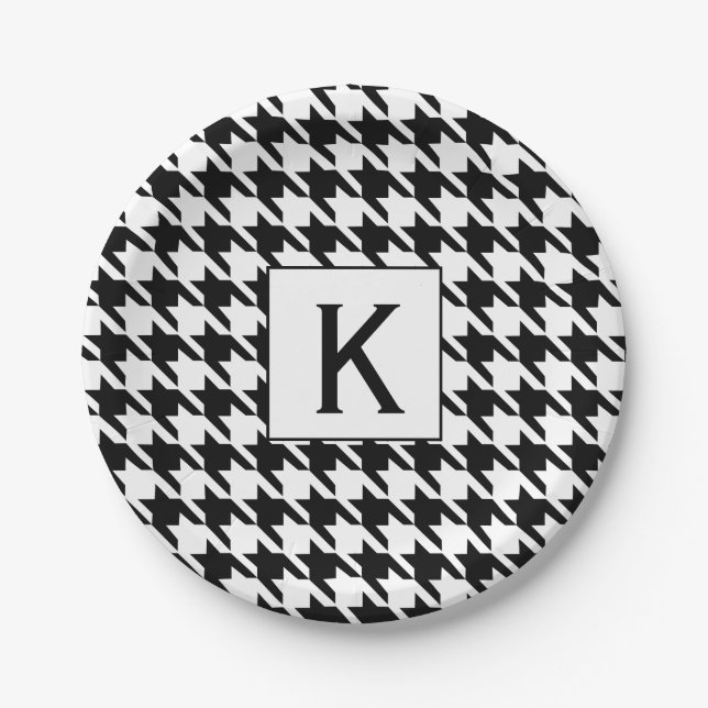 Monogram Black and White Houndstooth Pattetrn Paper Plate (Front)
