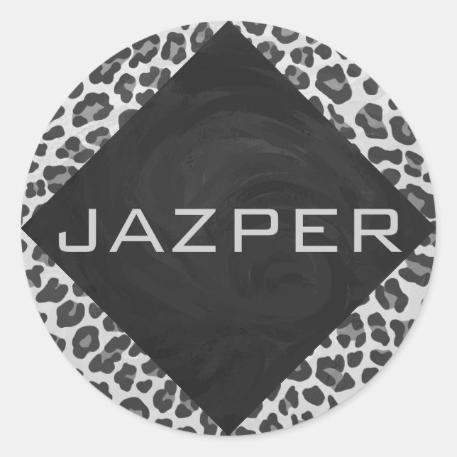 Monogram Black and White Leopard Print Classic Round Sticker (Front)