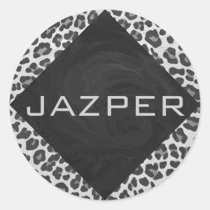 Monogram Black and White Leopard Print Classic Round Sticker