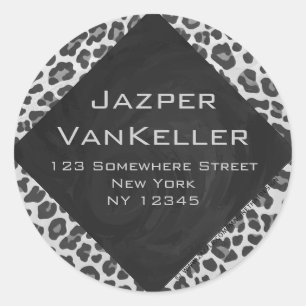 Monogram Black and White Leopard Print Classic Round Sticker