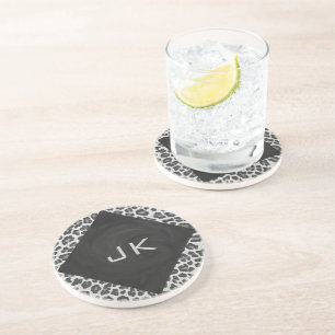 Monogram Black and White Leopard Print Coaster