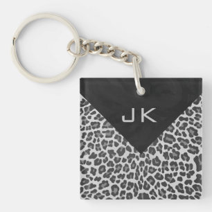 Monogram Black and White Leopard Print Key Ring