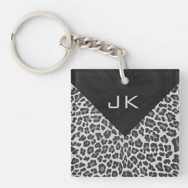 Monogram Black and White Leopard Print Key Ring (Front)