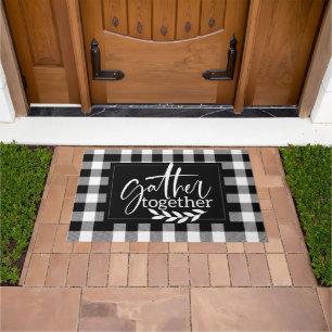 Monogram Black and White Plaid Quote Welcome Doormat