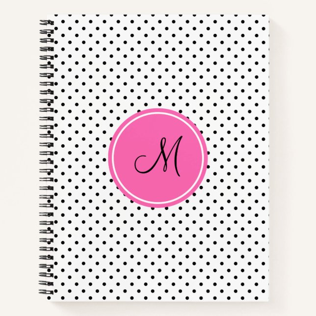 Monogram Black and White Polka Dot with Hot Pink Notebook (Front)