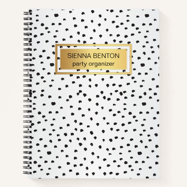 Monogram, black and white polka dots, gold frame notebook (Front)