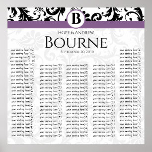 Monogram Black and White Purple Damask Poster