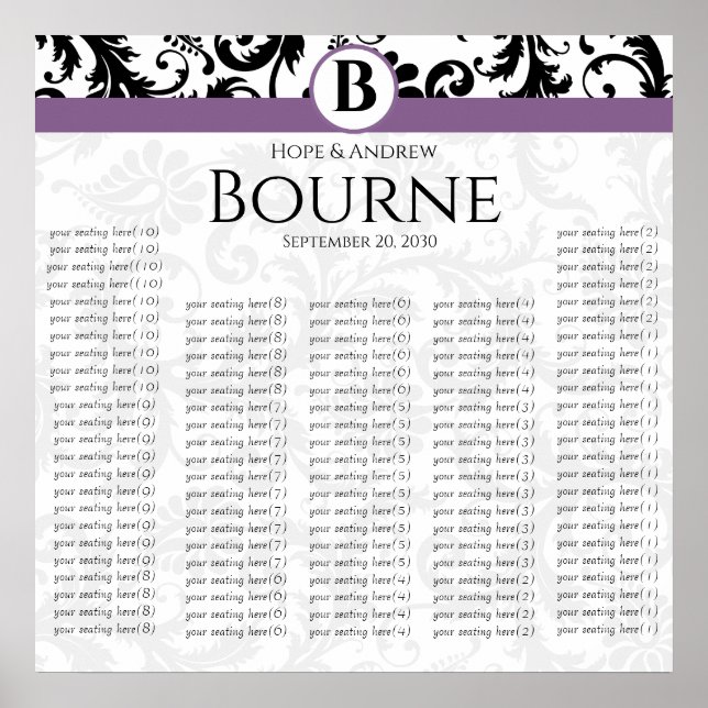 Monogram Black and White Purple Damask  Poster (Front)