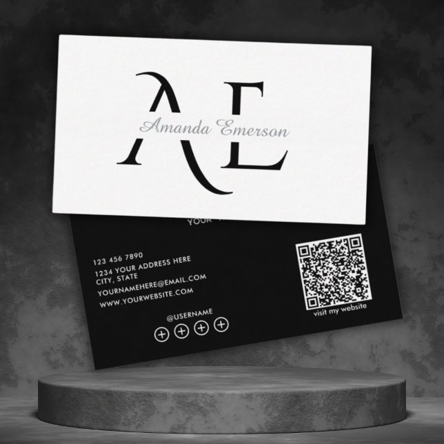  Monogram Black And White Simple Qr Code  Business Card (Creator Uploaded)