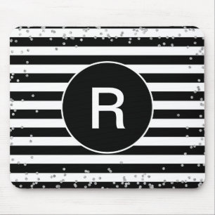 Monogram Black and White Striped Silver Confetti Mouse Pad
