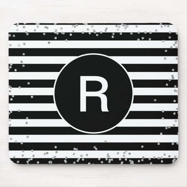 Monogram Black and White Striped Silver Confetti Mouse Pad (Front)