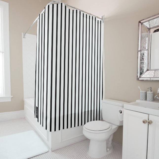 Monogram Black and White Striped Stylish Pattern Shower Curtain (In Situ)