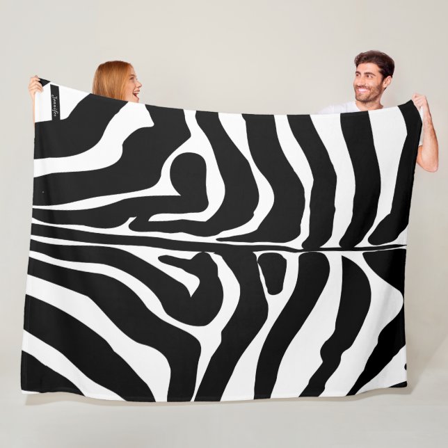 Monogram Black and White Striped Zebra Pattern Fleece Blanket (In Situ)