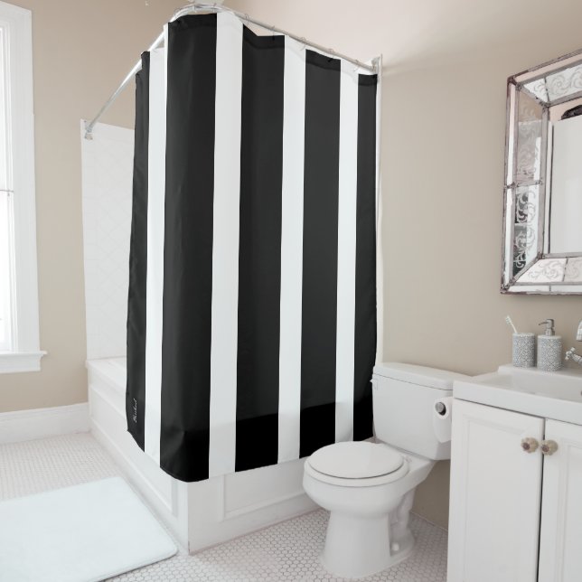 Monogram Black and White Stripes Stylish Pattern Shower Curtain (In Situ)