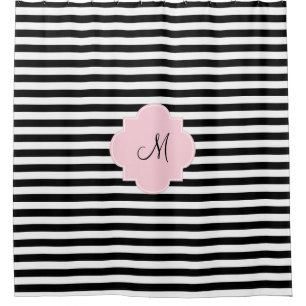 Monogram Black and White Stripes with Pastel Pink Shower Curtain