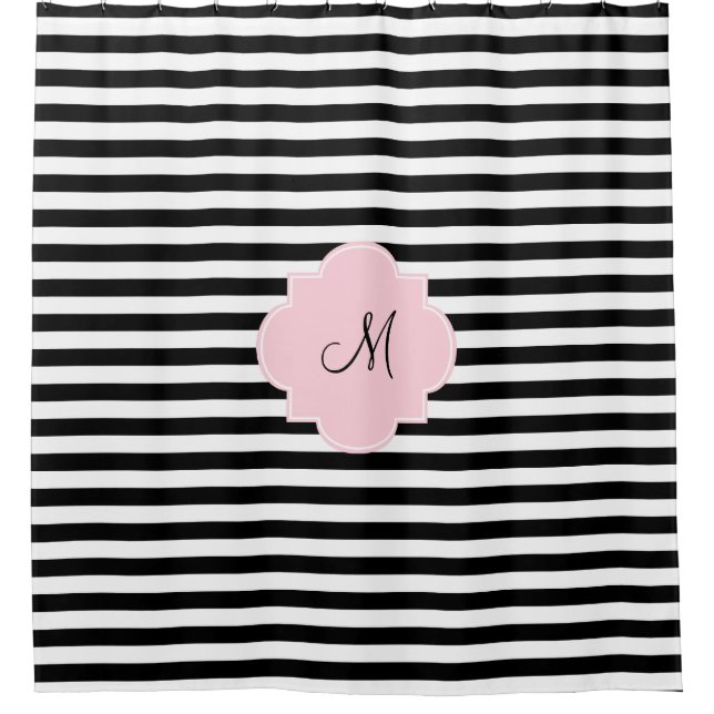 Monogram Black and White Stripes with Pastel Pink Shower Curtain (Front)