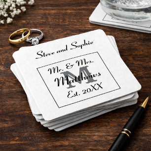 Monogram Black and White Wedding Names Square Paper Coaster