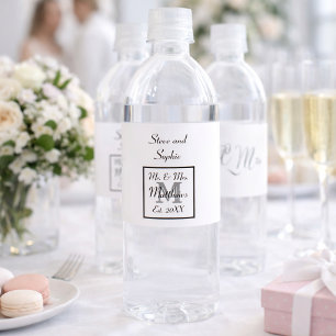 Monogram Black and White Wedding Names Water Bottle Label