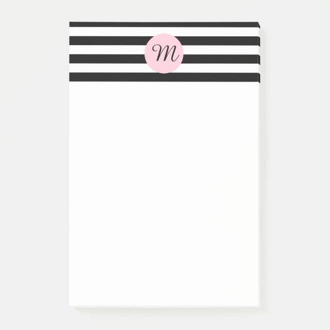 Monogram Black and White with Pink Striped Post-it Notes (Front)
