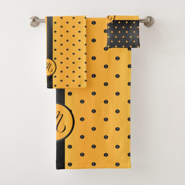 Monogram Black and Yellow Polka Dot Pattern Bath Towel Set (Insitu)