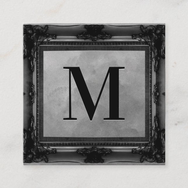 Monogram | Black Antique Frame | Grey Texture Square Business Card (Front)