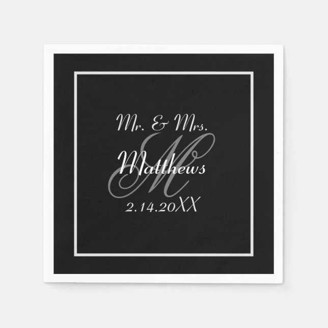 Monogram Black Bride Groom Date Wedding  Napkin (Front)