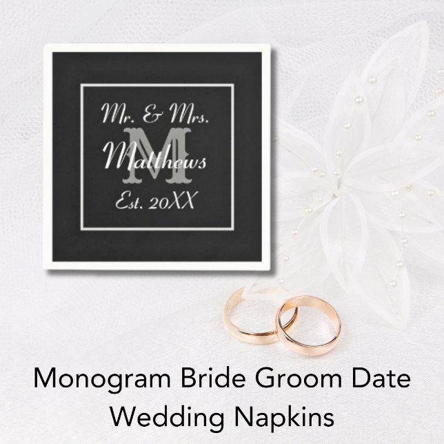Monogram Black Bride Groom Date Wedding Paper  Napkin (Monogram Black Bride Groom Date Wedding Paper Napkins)