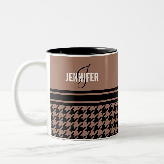 Monogram black brown houndstooth name Two-Tone coffee mug (Left)