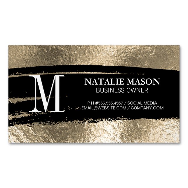 Monogram Black Brushed | Gold Foil Magnetic Business Card (Front)
