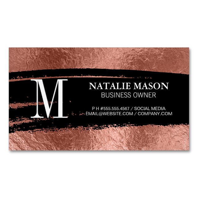 Monogram Black Brushed | Rose Gold Foil Magnetic Business Card (Front)