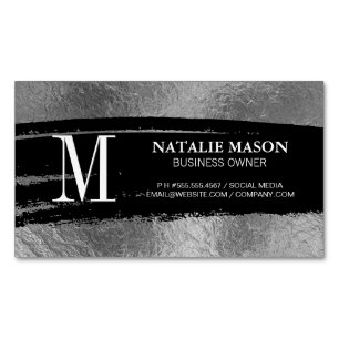 Monogram Black Brushed   Silver Foil Magnetic Business Card