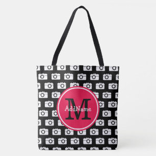 Monogram Black Camera Pattern & Red Custom Name Tote Bag