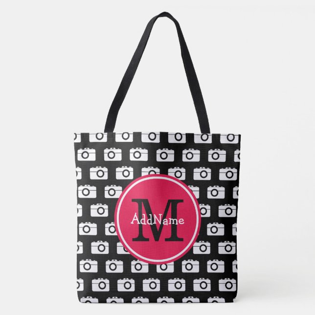 Monogram Black Camera Pattern & Red Custom Name Tote Bag (Front)
