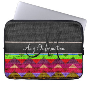 Monogram Black Chevron Zigzag Burlap Jute Laptop Sleeve