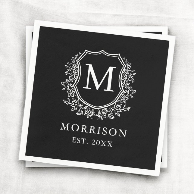 Monogram Black Crest Modern Botanical Wedding  Napkin (Creator Uploaded)