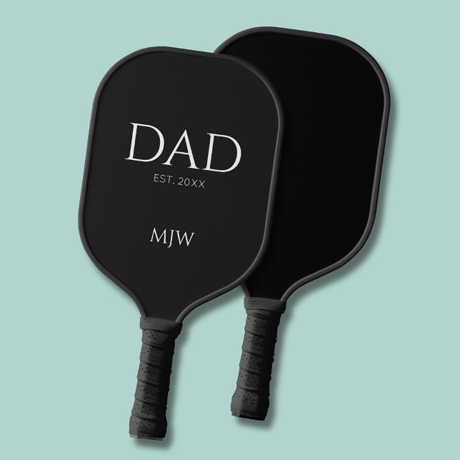 Monogram Black Dad Typography Pickleball Paddle (Dad Established Year pickleball paddle with personalized initials monogram.  )