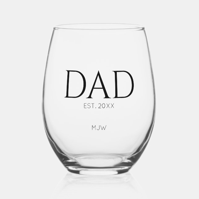 Monogram Black Dad Typography Stemless Wine Glass (Front)