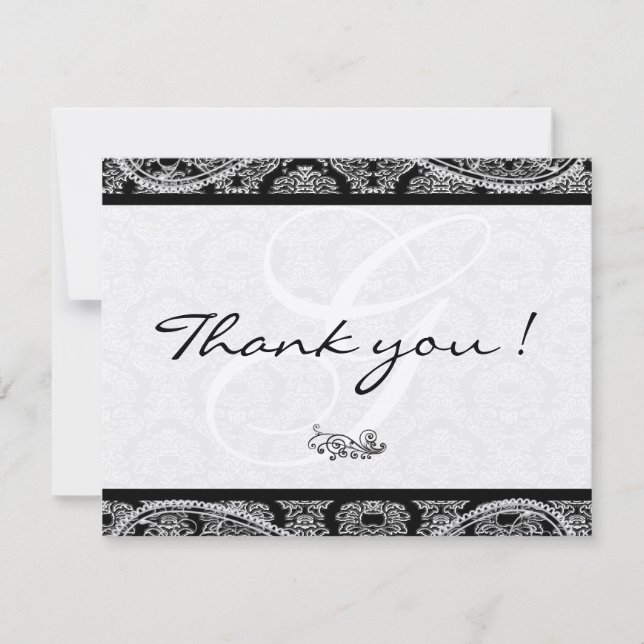 Monogram Black Damask Paisley Wedding Thank You (Front)