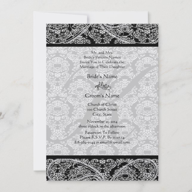 Monogram Black Damask Wedding Invitation (Front)