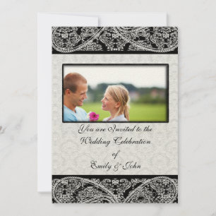 Monogram Black Damask Wedding Invitation  Photo