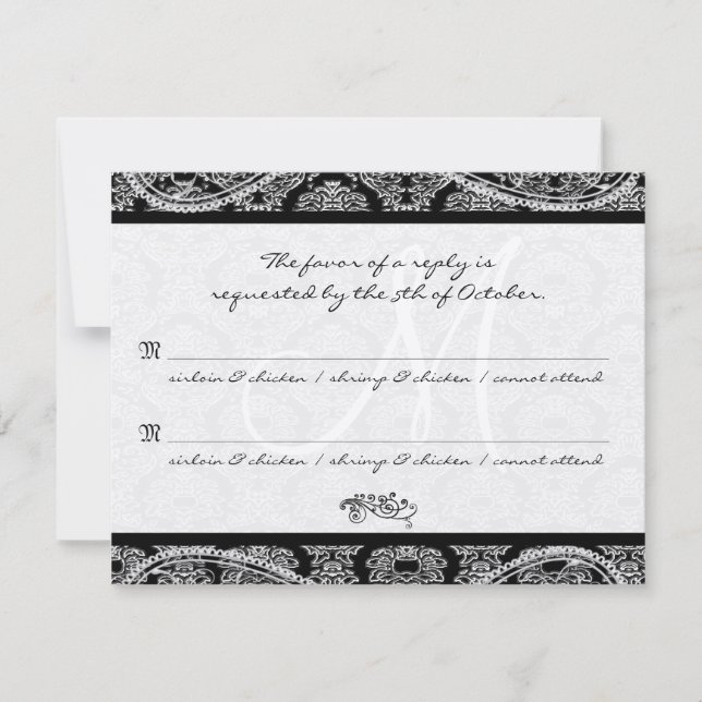 Monogram Black Damask Wedding Response RSVP (Front)