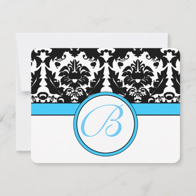 Monogram Black Damask with Teal Aqua Blue Trim RSVP Card (Front)